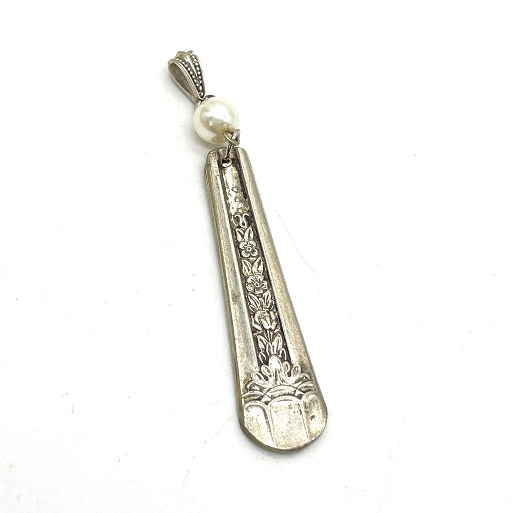 Vintage Silver Toneβ Spoon Handle Floral Pendant with Faux Pearl Accent Upcycled